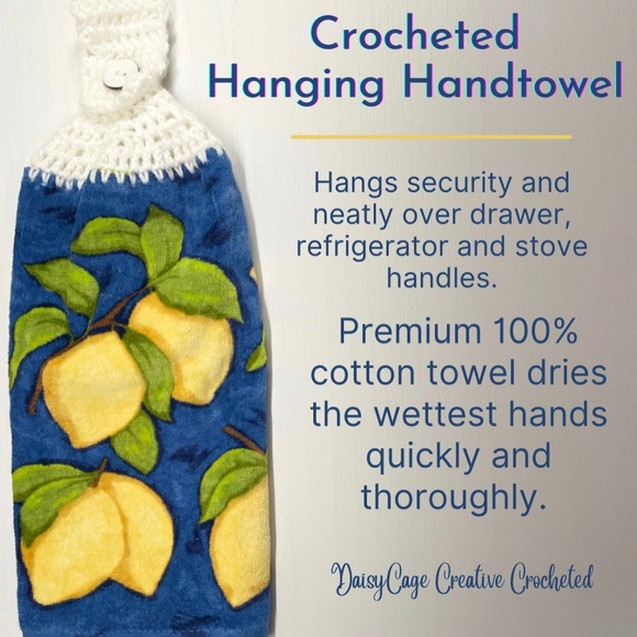 Lemon 🍋 Hanging Hand Towel / Blue and Yellow / Handmade /  Chocheted - Picture 1 of 6